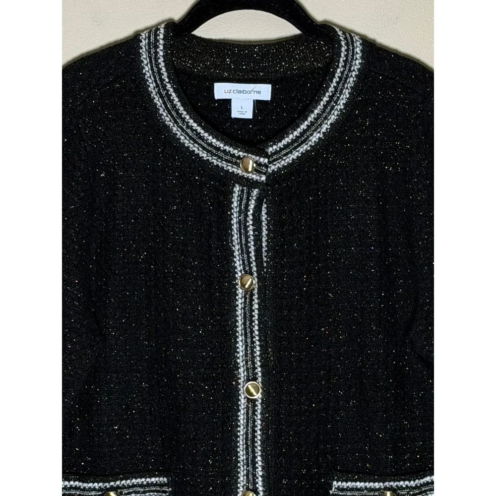 Liz Claiborne Black Knit Button Front Jacket L Gold Metallic Trim Cardigan